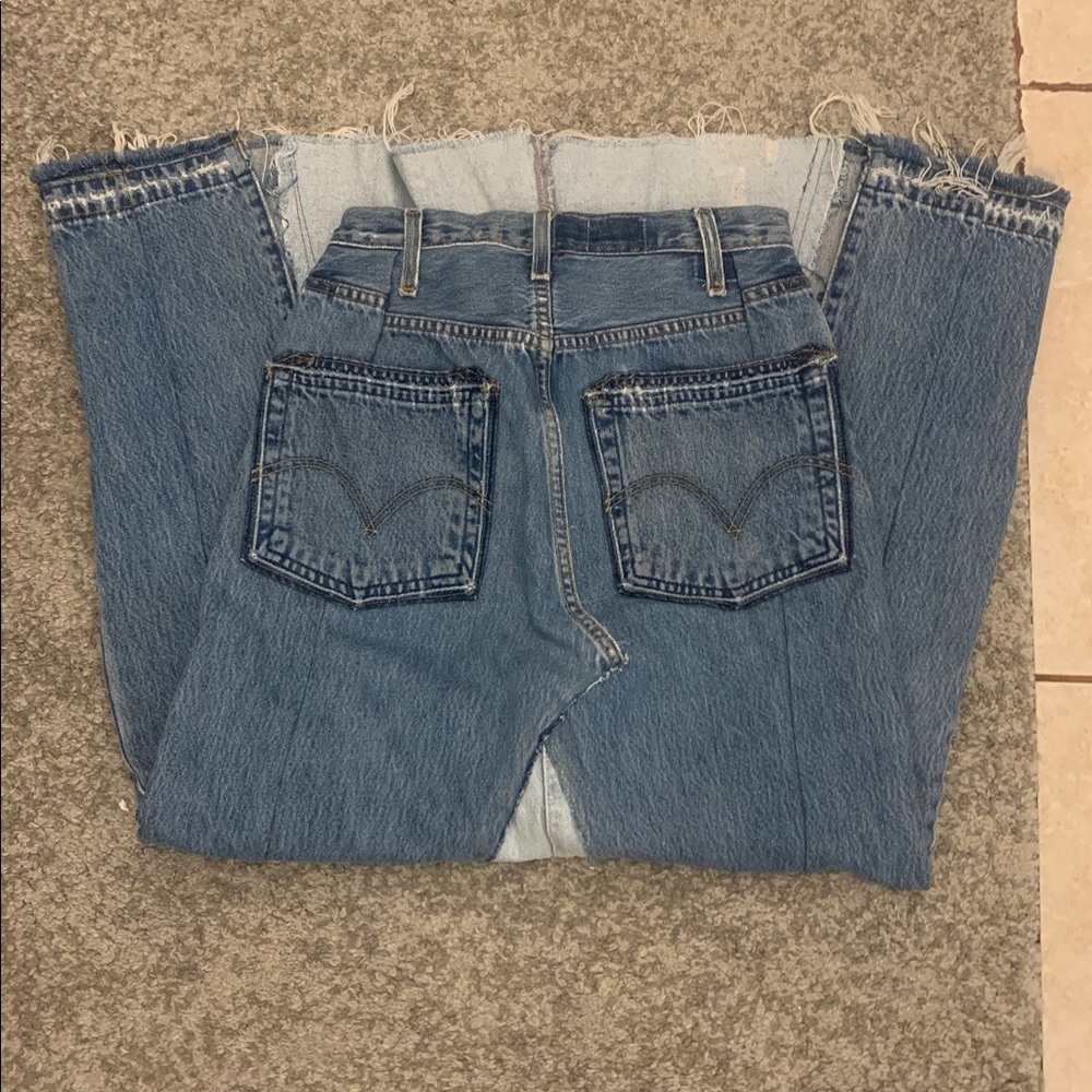 Custom vintage Levi’s denim jean two tone distressed maxi skirt middle slit high - Picture 7 of 10